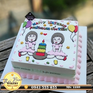 Bánh kem vẽ 2 bé gái sinh đôi tặng con Phương Lan - Cẩm Tiên