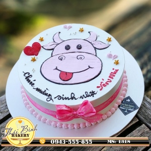 Bánh kem vẽ con trâu hồng mừng sinh nhật con Yến Nhi