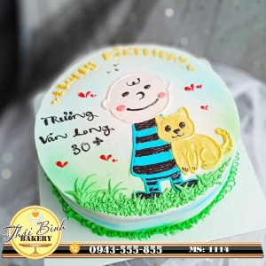 Bánh kem vẽ chibi bé trai bên mèo vàng đơn giản mừng sinh nhật Trương Văn Long 30+
