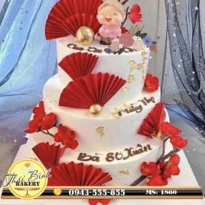 Bánh 3 tầng cành đào đỏ mừng tho bà 80 xuân